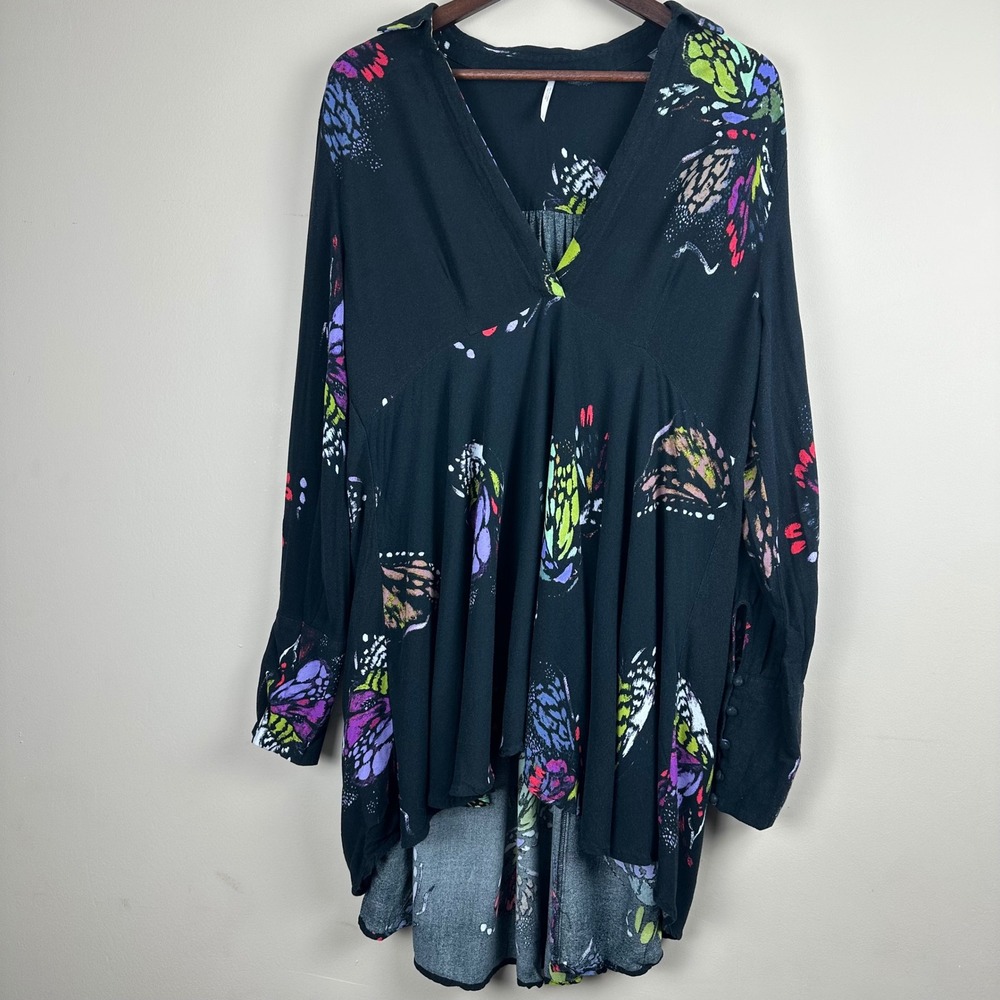 Free People Butterfly Print Tunic Dress L Black High Low V Neck Boho Rayon